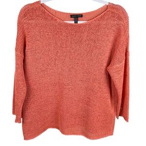 Eileen Fisher Coral Organic Cotton Round Neck 3/4 Sleeve Knit Pullover Top Small